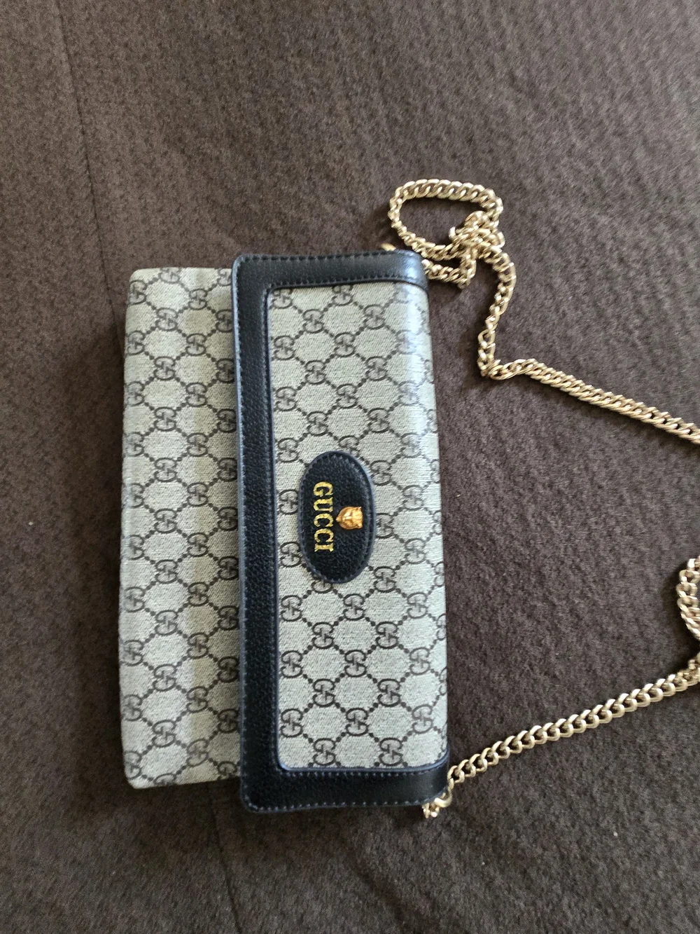 Gucci Beige & Black Monogram Chain Shoulder Bag Vintage